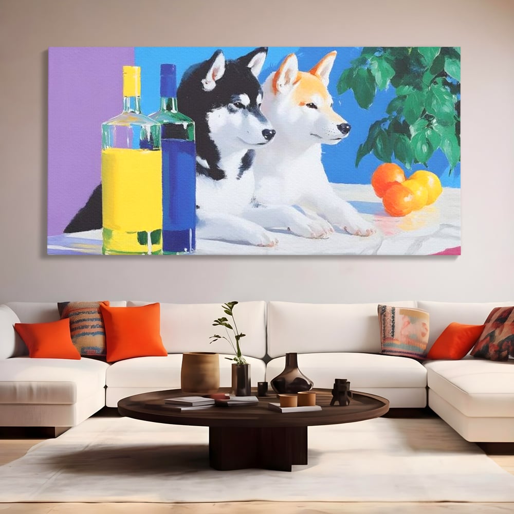 Tablou canvas cu pictura cu doi catei si sticle, fara rama, pe sasiu de lemn, pe perete intr-un living